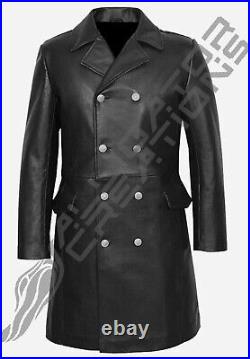 Mens German Classic Vintage WW2 Military Officer Real Leather Handmade Overcoat