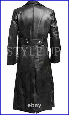 Mens German Classic WW2 Military Officer Cosplay Black Real Leather Trench Coat