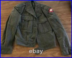 Original WWII 4th Army Wool Officers Field Jacket (34R), Red 4-Leaf Clover Patch