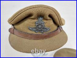 Set Of 2 WW2 Royal Artillery Officers Peaked Visor Hats & Badges Khaki