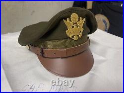 WW2 US Army Aircorps Military Officers Pilots OD Visor Crusher Hat Cap